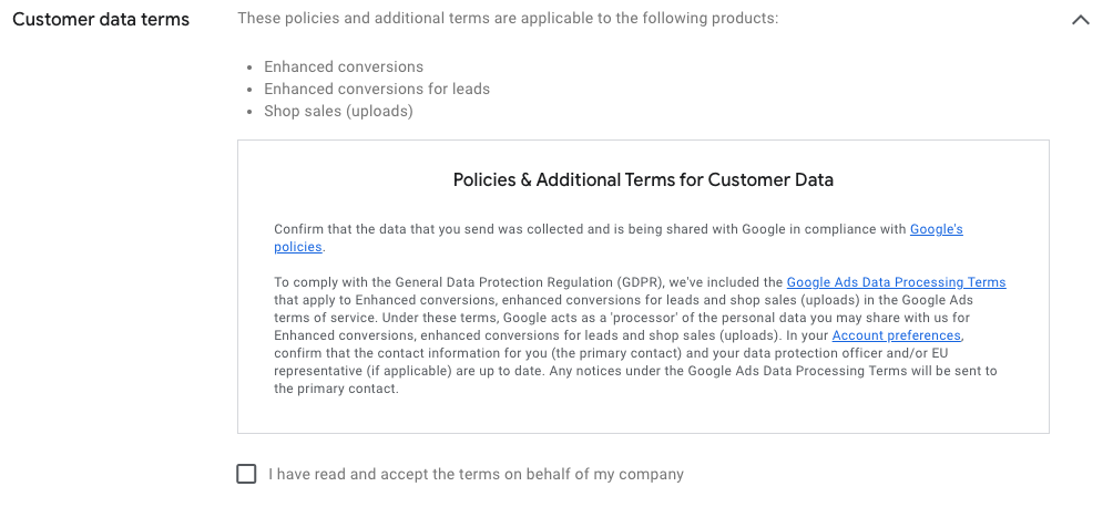 Google Consent Mode Customer Data Terms
